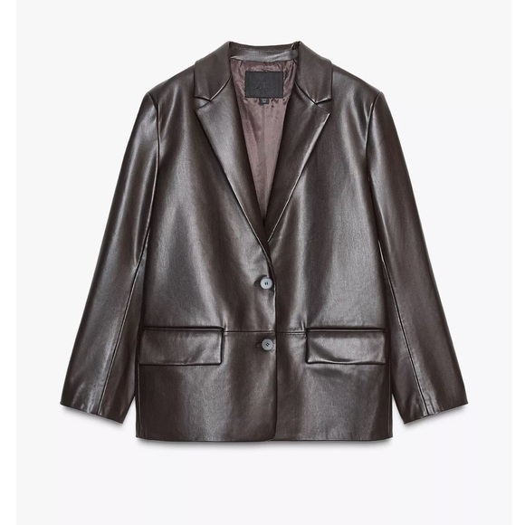 Zara FAUX LEATHER STRAIGHT FIT BLAZER Brown - Picture 2 of 5